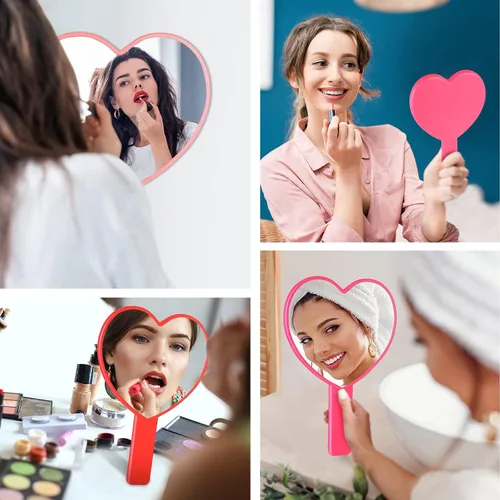 Miniatura 7 de Yalikop 3 piezas de espejo de corazón de mano, lindos espejos de plástico para maquillaje de viaje, con asa, regalos rosados para mujeres, regalos