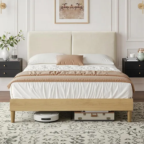 VECELO Marco de Cama Matrimonial Tapizado Camas Plataforma con Cabecera de Algodón y Lino Ajustable en Altura, Listones de Madera Resistente, 6" de