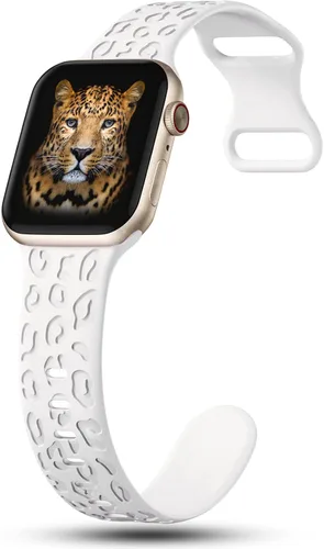 Miniatura 3 de CreateGreat Bandas Grabadas Compatibles con Apple Watch de 40mm 41mm 38mm 42mm 44mm 45mm 46mm 49mm, Correa de Silicona Suave con Patrón de Leopardo