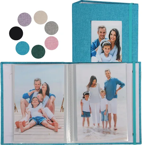 Miniatura 10 de Álbumes de fotos pequeños para fotos de 4 x 6, paquete de 2 libros de memoria con cubierta de lino con ventana de exhibición, cada uno con capacidad