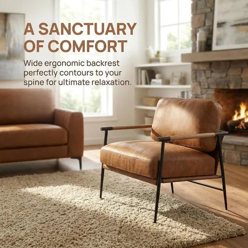 Miniatura 3 de DUOMAY Silla moderna de mediados de siglo, sillón de piel sintética marrón, silla de dormitorio con patas de metal para sala de estar, lectura