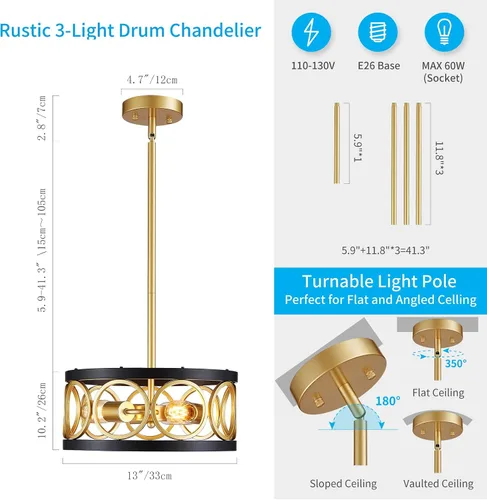 Miniatura 4 de XINGQI Candelabro moderno de 3 luces, lámpara colgante de 13", altura ajustable, accesorios de iluminación para comedor, dormitorio, sala de estar