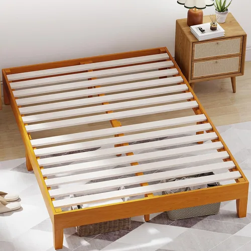 Miniatura 8 de BLKMTY Marco de cama de madera, cama tamaño Queen sin plataforma de cabecero, con espacio de almacenamiento inferior, fácil montaje, no necesita