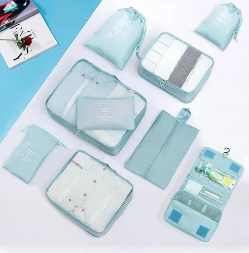Miniatura 3 de GuaziV Juego de 9 cubos de embalaje bolsas de equipaje de viaje con bolsa de aseo colgante azul