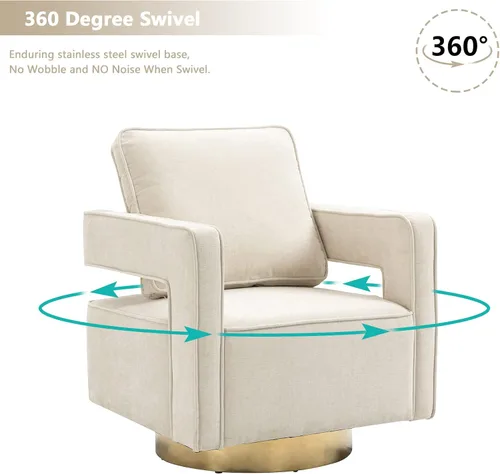 Miniatura 4 de Betoko Silla giratoria con diseño de barril, moderno sillón con respaldo abierto con base de metal dorado, silla tapizada de felpilla con almohada
