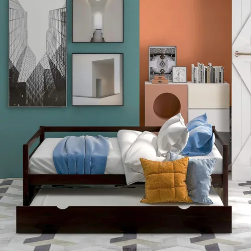 Miniatura 4 de Merax Sofá cama tamaño individual con nido, marco de sofá cama de madera maciza, color espresso