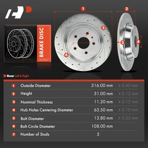 Miniatura 5 de A-Premium Rotores de freno de disco perforados y ranurados traseros de 12.44 pulgadas (12.441 in) compatibles con modelos Ford y Lincoln