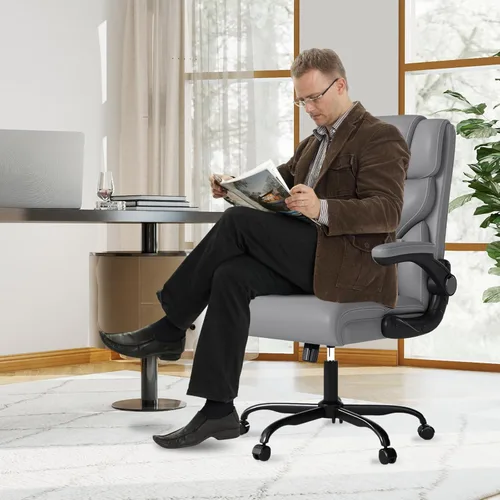 Miniatura 7 de Silla de oficina ejecutiva con reposabrazos abatibles, sillas ergonómicas de escritorio para computadora, silla de oficina de cuero con respaldo Gris