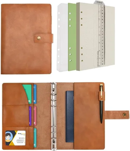 WONDERPOOL Cuaderno de cuero recargable, cuaderno en espiral, carpeta de carpetas de diario A5 con puntos y bolsillos interiores para viajes, Marrón