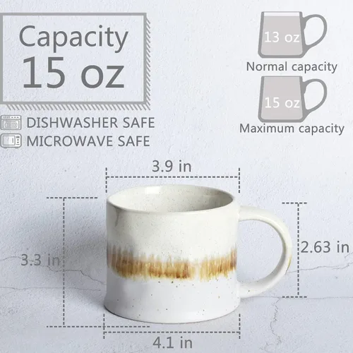 Miniatura 2 de Bosmarlin Juego de 2 tazas de café medianas de cerámica, 15 onzas, taza de té grande de cerámica para oficina y hogar, apta para lavavajillas y Beige
