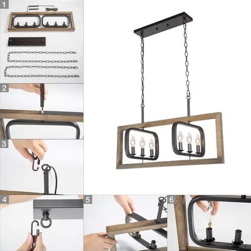 Miniatura 6 de LOG BARN Lámpara de araña de granja de 31 pulgadas, 6 luces rectangulares de madera para isla de cocina con marco giratorio de metal negro, lámparas