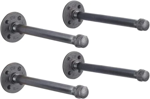 Miniatura 10 de Rustic Pipe Decor Soporte para estante industrial, juego de cuatro accesorios de hierro negro, bridas y tuberías para estantes flotantes