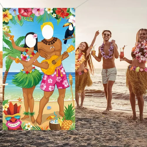 Miniatura 5 de Capoda Decoraciones de fiesta hawaiana Luau Pareja Photo Prop Hawaiian Photo Background Fondo Tropical Beach Prop Pareja Puerta Banner para Verano