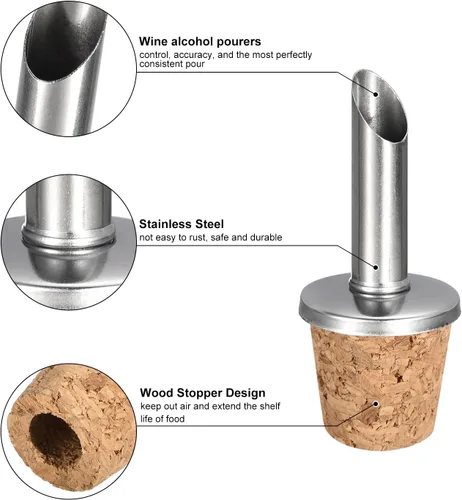 Miniatura 3 de uxcell Vertedores de botellas de acero inoxidable, 2 tapones para botellas de vino con diseño de corcho con boquilla de aceite de oliva, vertedores