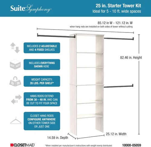 Miniatura 3 de ClosetMaid SuiteSymphony - Kit organizador de armario de madera con torre, (3) varillas para colgar, (5) estantes (2 ajustables), para espacios de 5