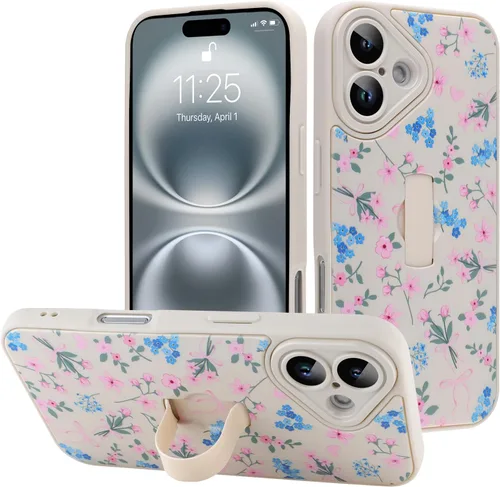 Miniatura 86 de Funda diseñada para iPhone 17 Pro Max con soporte plegable y correa para dedos, bonito patrón de lazo de corazón de flor rosa para mujeres y niñas