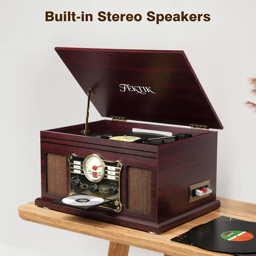 Miniatura 6 de FEKTIK Tocadiscos Bluetooth 10 en 1, tocadiscos de 3 velocidades con altavoces, entrada y salida Bluetooth, CD, casete, radio FM, transmisión