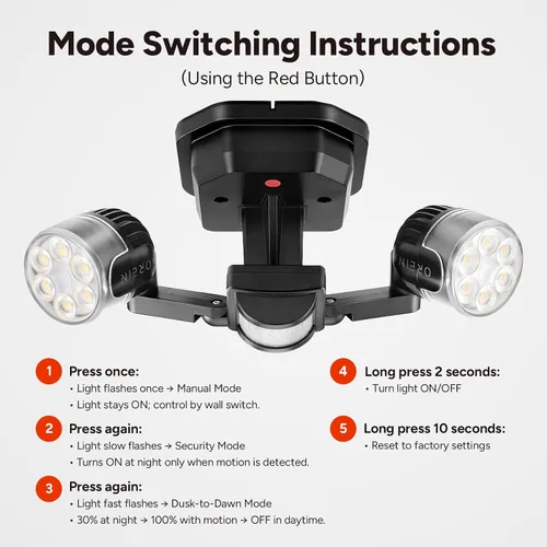 Miniatura 3 de OREiN Luz de seguridad con sensor de movimiento para exteriores, luz LED reflectora de doble cabeza ajustable, 3 modos
