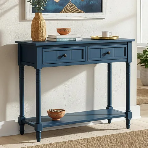 Miniatura 11 de P PURLOVE Mesa de consola Aparador Mesa de sofá de madera con 2 cajones y estante inferior (negro)