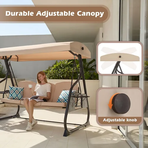 Miniatura 5 de ZZW Silla de columpio para patio de 3 asientos, 800LBS, columpio al aire libre con soporte, con dosel y respaldo ajustable, silla columpio