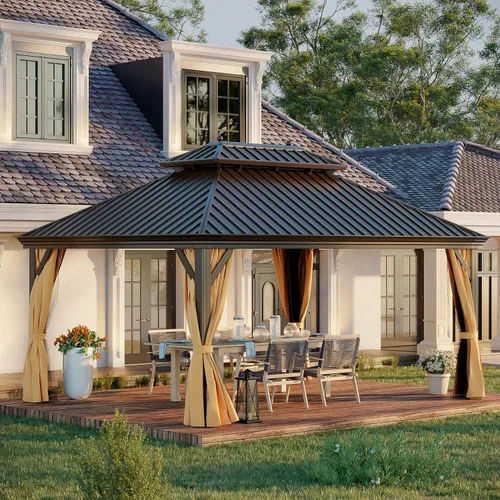 Miniatura 8 de Cenador de techo rígido de 12'x16', Cenador de patio de aluminio para exteriores con toldo de acero galvanizado de doble techo con malla y cortinas