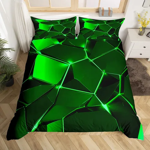 Funda de edredón hexagonal verde estereoscópica de nido de abeja para niños, diseño geométrico de colmena, funda de edredón geométrica de panal de