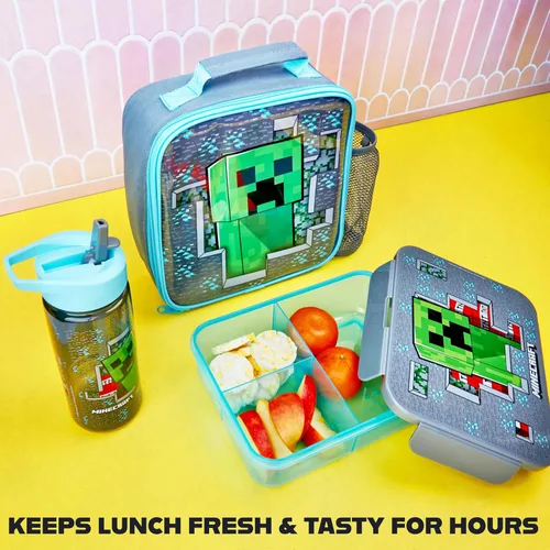 Miniatura 5 de Get Trend Bolsa de almuerzo Minecraft, fiambrera, botella de agua para niños, juego de 3 piezas, caja bento, contenedor aislado para aperitivos