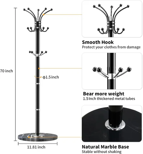 Miniatura 2 de Snaikor Perchero de Metal con Base de Mármol Natural, Perchero Moderno Independiente, Perchero Giratorio de 360° con 14 Ganchos, Perchero