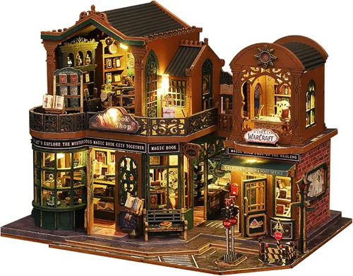 Miniatura 10 de Kit de rincón de libros, kit de casa de muñecas en miniatura con muebles y luz LED, rompecabezas 3D, sujetalibros de arte de madera, kits