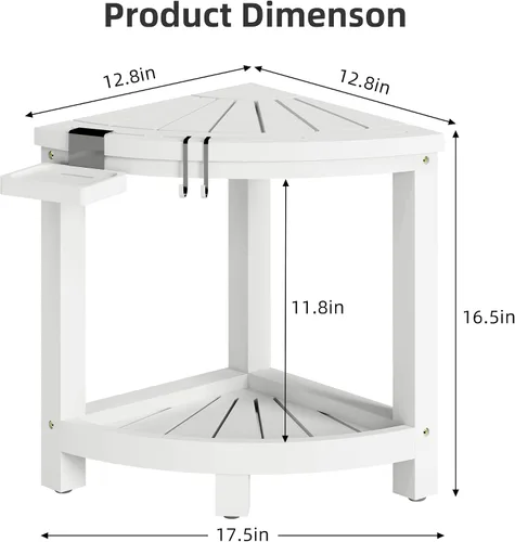 Miniatura 3 de Taburete de ducha esquinero de bambú de 2 niveles para afeitar piernas, banco impermeable con estante de almacenamiento y jabonera, reposapiés Blanco