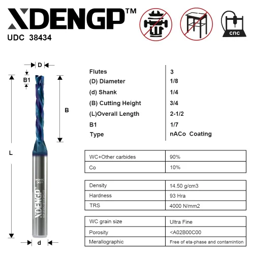 Miniatura 2 de Broca de enrutador espiral de compresión de corte ascendente y descendente de 3 flautas para CNC, diámetro de corte de 1/8 pulgadas, longitud