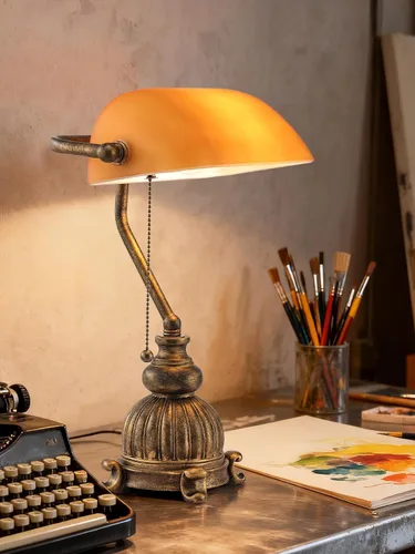 Miniatura 2 de Lámpara de Escritorio de Banqueros Retro de Cristal Ámbar con Interruptor de Cadena de Tirar para Oficina en Casa, Biblioteca, Accesorio Enchufable