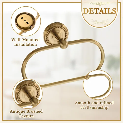 Miniatura 3 de Juego de 4 piezas de accesorios de baño de latón antiguo dorado, juego de toallero montado en la pared y anillo para toallas y soporte para papel