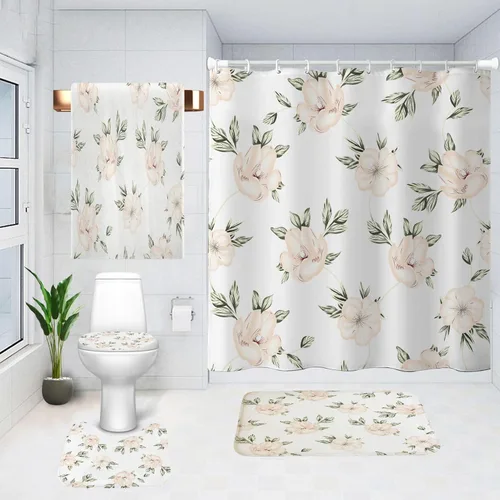 Miniatura 8 de Juego de cortinas de ducha de baño, 5 piezas, cortina de baño de tela impermeable con 12 ganchos, cubierta para tapa de inodoro y tapete de baño