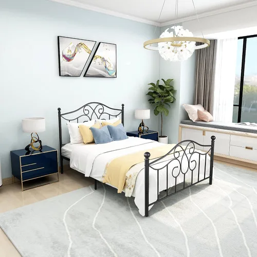 Miniatura 9 de DUMEE Base de cama de metal tamaño matrimonial con cabecera y estribo vintage, almacenamiento debajo de la cama, no necesita somier