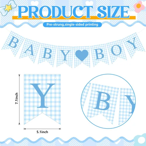 Miniatura 4 de Hahafelt 1 pieza de pancarta azul de gingham para bebé niño para decoraciones de fiesta Azul preencordada Baby shower, es un niño, pancarta de papel