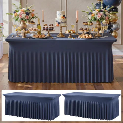 Miniatura 14 de Paquete de 2 manteles de elastano azul bebé de 6 pies con falda de mesa con volantes, manteles ajustables elásticos sin arrugas para mesas