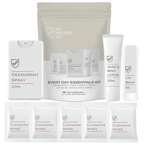 MY PROTECT KIT Everyday Essentials - Kit de viaje de 8 piezas de higiene y aseo con desodorante en aerosol, loción, bálsamo labial y toallitas