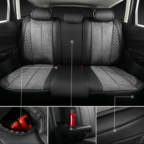 Miniatura 4 de CAR PASS Fundas de Asiento de Cuero de Gamuza Juego Completo Protector Suave Duradero Acolchado Cálido en Invierno Transpirable en Verano, Funda Gris