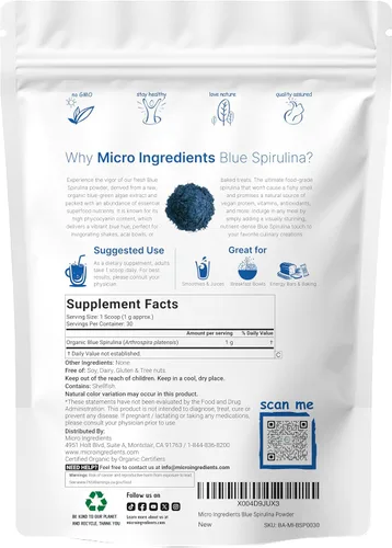 Miniatura 2 de Polvo de espirulina azul orgánica (extracto de ficocianina), 30 porciones, sin olor a pescado, proteína 100% vegana de algas azul-verdes, colorante