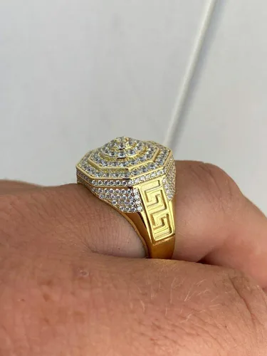 Miniatura 7 de Men's Real Solid 925 Sterling Silver Octagonal Hip Hop Ring - 14k Gold Plated - Super Iced Large Flooded Out Pinky Ring - Sz 7-13