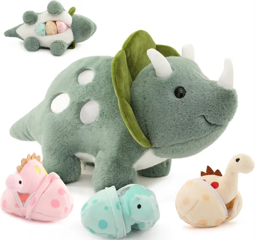 Animales de peluche de dinosaurio, juguete de peluche para niñas y niños, una mamá dinosaurio con 3 dinosaurios bebés, triceratops, estegosaurio y