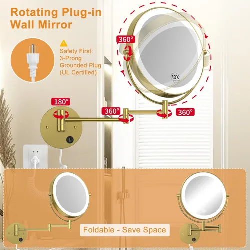 Miniatura 5 de Gospire Espejo iluminado montado en la pared de 9", con aumento 1X/10X, espejo de baño LED de doble cara, 3 luces de color y atenuación sin Dorado