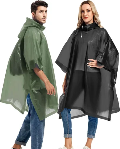 Miniatura 80 de Paquete de 2 ponchos de lluvia para adultos, reutilizables, impermeables, de supervivencia, emergencia, resistente, con capucha con cordón