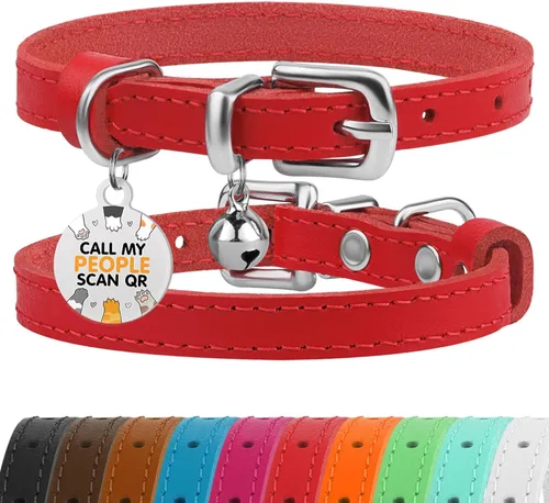 Miniatura 8 de BRONZEDOG Collar de cuero para gato con campanas extraíbles sin liberación rápida, etiqueta QR para gatito para niña y niño