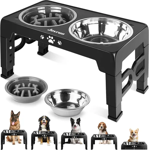 Jovrun Cuencos Elevados para Perros, Comedero para Perros con Platos de Acero Inoxidable y Cuenco de Alimentación Lenta, Soporte Elevado Ajustable