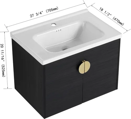 Miniatura 2 de Juego de tocador de baño de 28 pulgadas con lavabo montado en la pared, moderno juego de tocador de baño con lavabo de cerámica blanca y mango