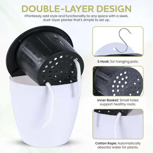 Miniatura 3 de Macetas de pared con autorriego, juego de 3 macetas colgantes blancas para interiores y exteriores con diseño de doble capa y respaldo plano