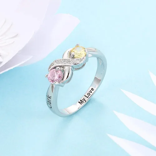 Miniatura 5 de Anillo personalizado para madres infinitas con 2 piedras natales redondas simuladas, anillos de compromiso para mujer
