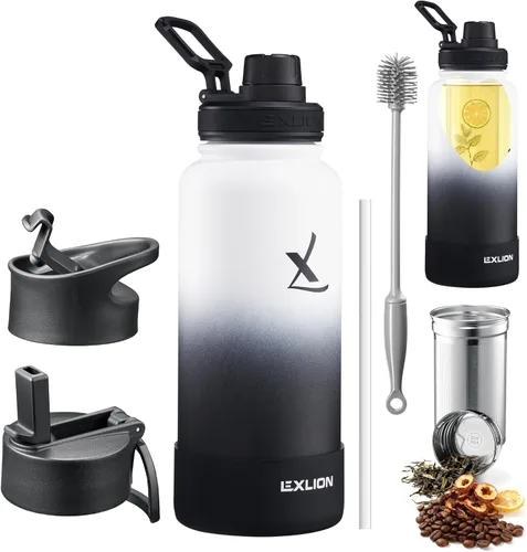 Miniatura 17 de Lexlion Botella de Agua con Infusor de Té 32 Oz – Termo de Acero Inoxidable con Triple Pared Aislada, Colador para Hojas Sueltas y Frutas, 3 Tapas a